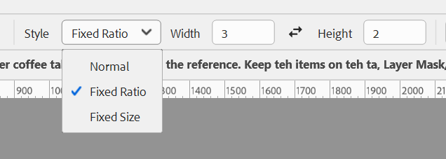 Photoshop selection tool options: Style set to Fixed Ratio, Width 3 and Height 2. The open Style menu shows Fixed Ratio selected.